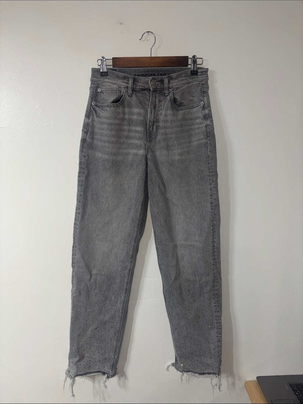 American Eagle Grey Super High-Rise Baggy Straight Leg Sequins Jeans Size 2